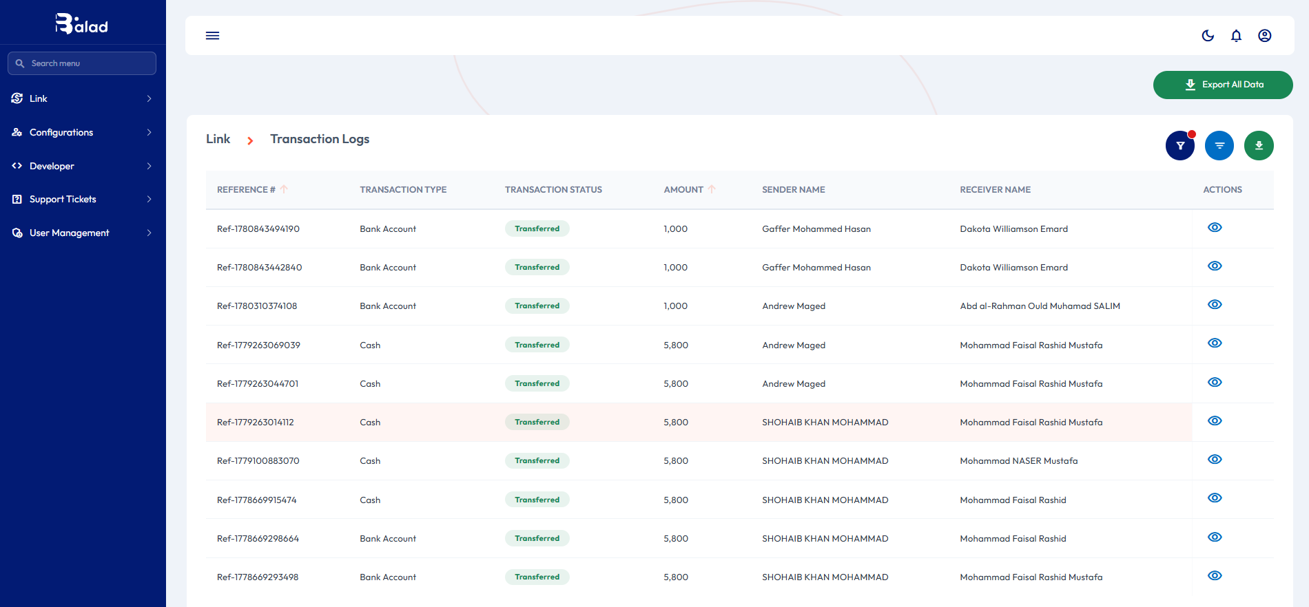 Balad Portal transaction logs — reference, type, status and amount for each payout.