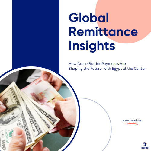 The image is a cover for a report or publication titled "Global Remittance Insights." The main title is prominent in a large, dark blue font, while a smaller subtitle reads "How Cross-Border Payments Are Shaping the Future - with Egypt at the Center." The left side of the image features a dark blue vertical band. Below it, a circular cutout shows two sets of hands exchanging money. One hand holds US dollar bills, while the other holds what appear to be Indonesian Rupiah notes. On the right side, there's a large, light pink blob shape in the upper right corner. Below the title, the website "www.balad.me" is displayed in red, along with the Balad logo which consists of a stylized 'B' and the word "balad" underneath it. The overall design is clean and professional, using a color palette of dark blue, light pink, white, and red.
